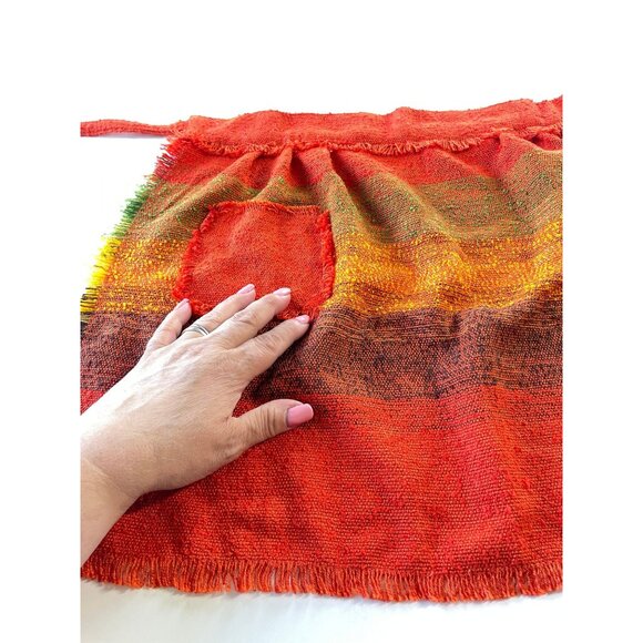 Vintage 80s handmade half apron, orange yellow stripes, woven apron - Picture 3 of 8